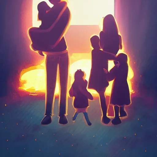 Image similar to a family hugging each other for the last time as the world is ending, meteors are falling from the sky, everything is on fire, dramatic lighting, digital art, very very very very very very beautiful, 8 k, dark lighting, trending on artstation, award winning