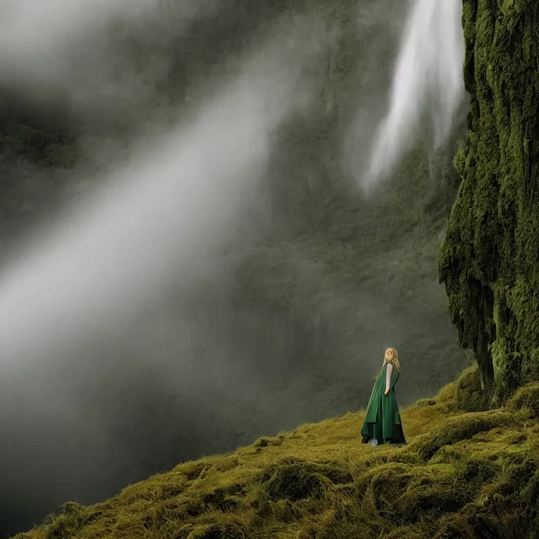 Image similar to dark and moody 1 9 8 0's artistic color spaghetti western film, a giant tall huge woman in an extremely long dress made out of waterfalls, standing inside a green mossy irish rocky scenic landscape, huge waterfall, volumetric lighting, backlit, atmospheric, fog, extremely windy, soft focus, by ansel adams and wes anderson