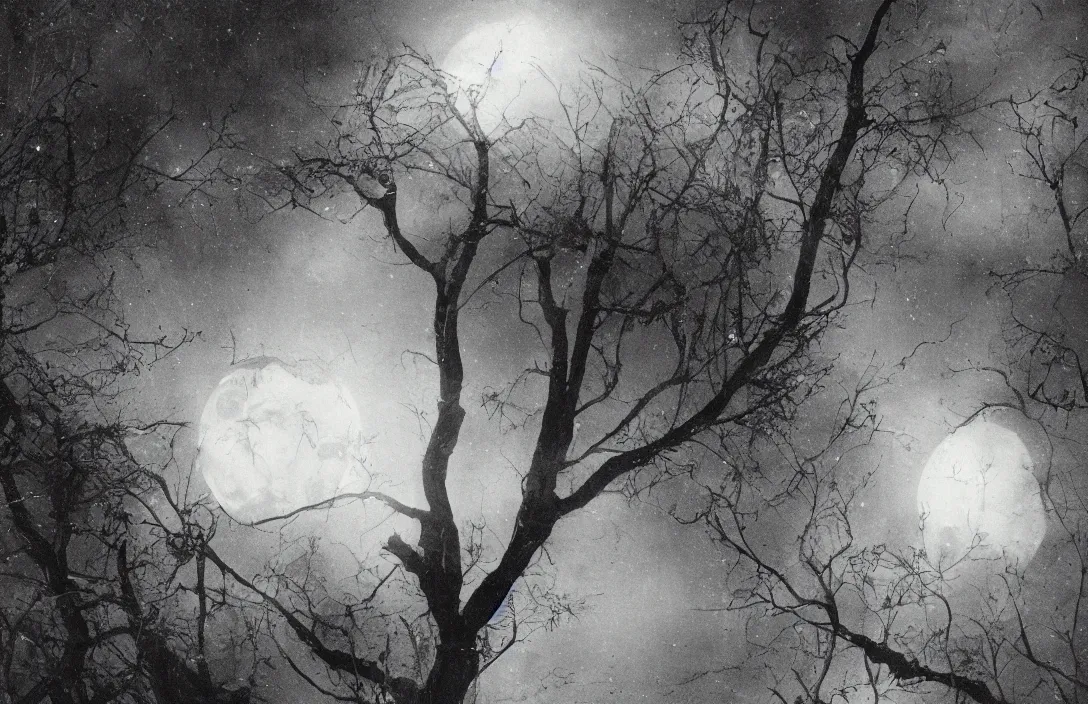 Prompt: energetic brushstrokes create optical flow intact flawless ambrotype from 4 k criterion collection remastered cinematography gory horror film, ominous lighting, evil theme wow photo realistic postprocessing cryengine stars lingering above moon visible through the trees worms eye photograph by ansel adams
