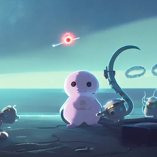 Image similar to baby harp seals astronauts shooting lasers at tentacle alien monsters on an asteroid, atey ghailan, goro fujita, studio ghibli, rim light, stark lighting, clear focus, very coherent,