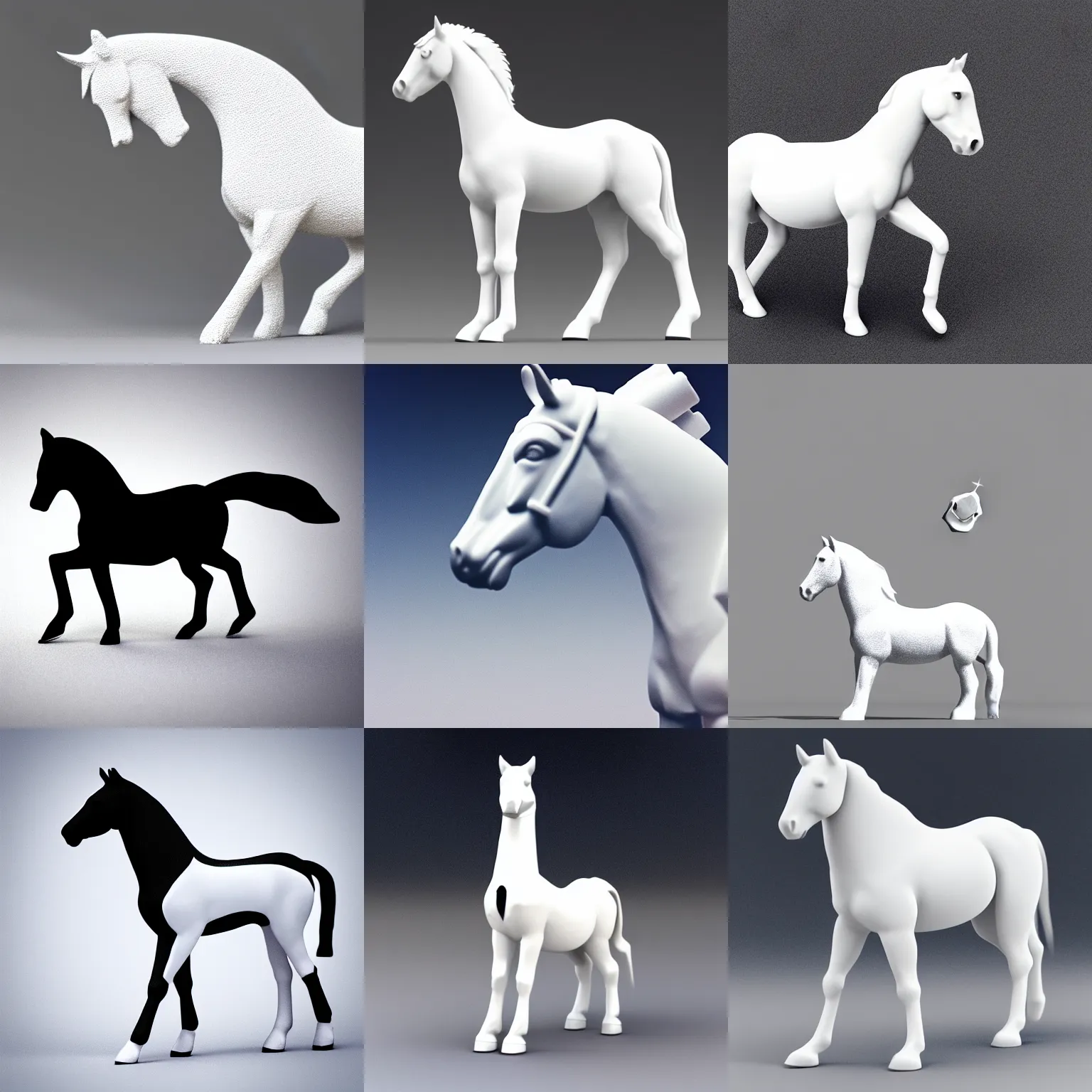 Prompt: a simple black - tailed white horse is standing with his four legs in one place standing on a little minimalistic white astronaut. horseshoe touches the astronaut. minimalist style, 3 d render.