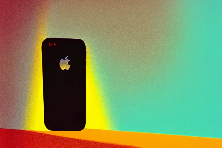 Image similar to editorial illustration by karolis strautniekas and mads berg, portrait of the lonely iphone, colorful, fine texture, detailed, muted colors, film noir, dramatic lighting, dynamic composition, vivid, matte print, wide angle, ( ( sunbeams ) ), moody, extreme perspective