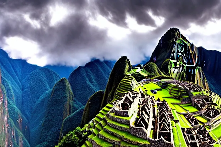 Prompt: A view of Machu Picchu with in the center a monstrous and giant creature that howls towards the stormy sky