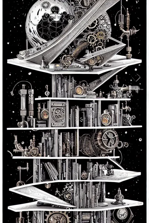 Image similar to a majestic steampunk alchemists bookshelf, two point perspective, furniture, high details, bold line art, by vincent di fate and joe fenton, inking, etching, screen print, masterpiece, trending on artstation, sharp, high contrast, hyper - detailed,, hd, 4 k, 8 k