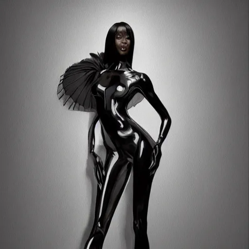 Prompt: full figure ultra realistic illustration, naomi campbell wearing a black suit, intricate, elegant, highly detailed, digital painting, artstation, concept art, smooth, sharp focus, illustration, art by artgerm and greg rutkowski and alphonse mucha