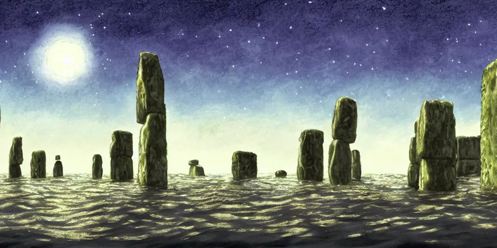 Image similar to a realistic cell - shaded studio ghibli concept art from paprika ( 2 0 0 6 ) of a giant wooly mammoth in a flooded stonehenge easter island on a misty starry night. very dull colors, wide shot, hd, 4 k, hq