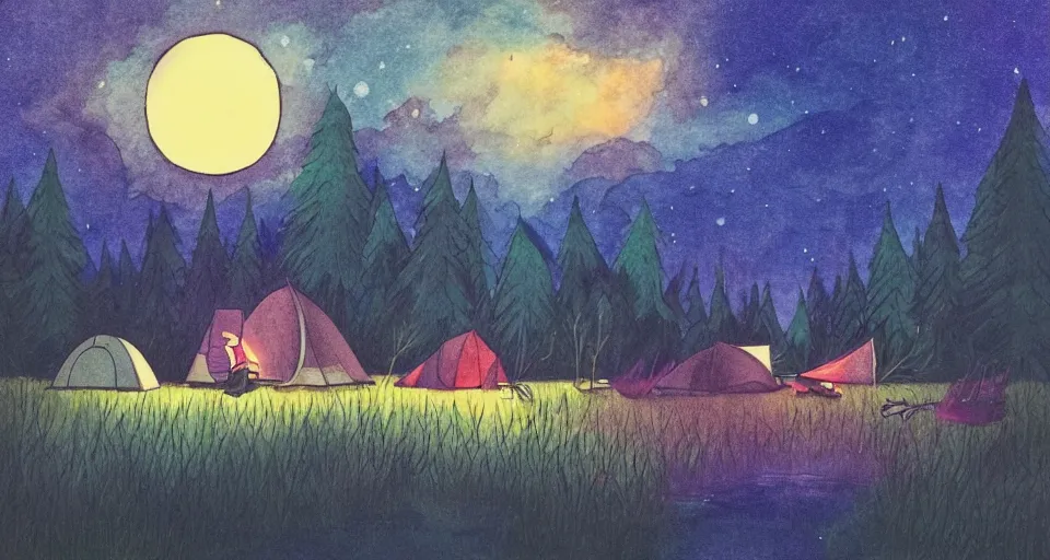 Prompt: camping by the lake in a forest, landscape by kelly mckernan and studio ghibli, night, moonlight, red, yellow, purple and blue tones, pastel colors