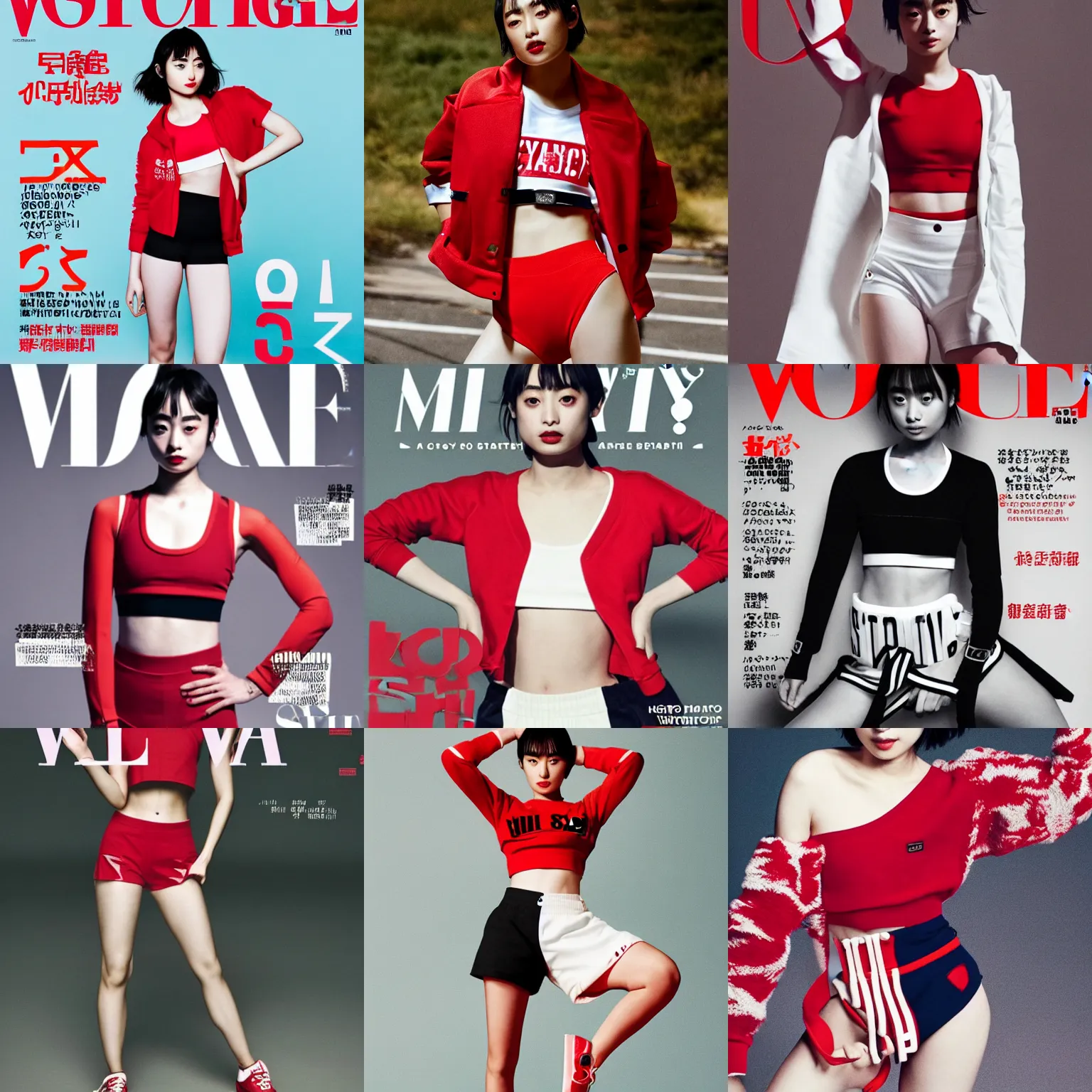 Prompt: suzu Hirose wearing crop red gym top with white lettering, cropped red yoga short, V magazine editorial by Mario Testino, masterwork