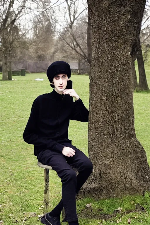 Prompt: tall slim 16 year old boy, wearing a black wool beret with dark curly hair sticking out from under it, he wears a green buttoned up shirt and black trousers, he has a brown satchel over his shoulder , he is in a in a park taking photographs