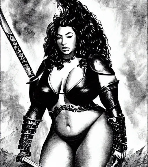 Prompt: 1 9 8 0 s fantasy novel book cover, bbw plus size amazonian iggy azalea in extremely tight bikini armor wielding a cartoonishly large sword, exaggerated body features, dark and smoky background, low quality print