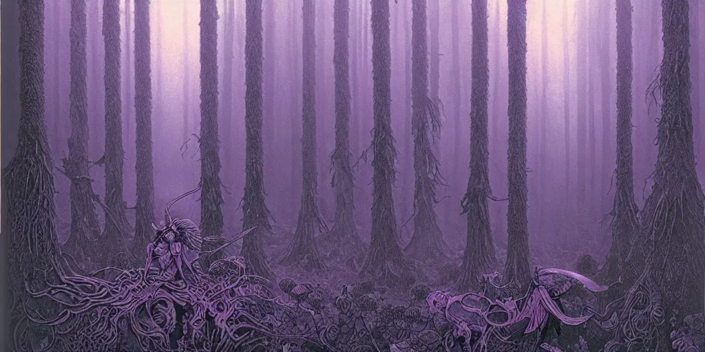 Image similar to grainy risograph matte painting of dark bejeweled huge botanical macabre paladin, atmospheric, densed foggy forest, omnious, epic composition, by moebius, hyperrealism, intricate detailed