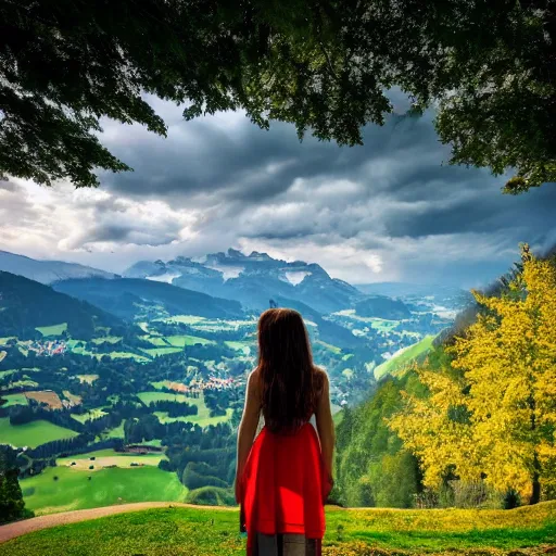 Image similar to a beautiful photograph of a girl with switzerland landscape in the background with trees, hdr, 8 k, high quality, sharp focus, artstation, highly detailed, award - winning, dramatic lighting, beautiful clouds, and nature