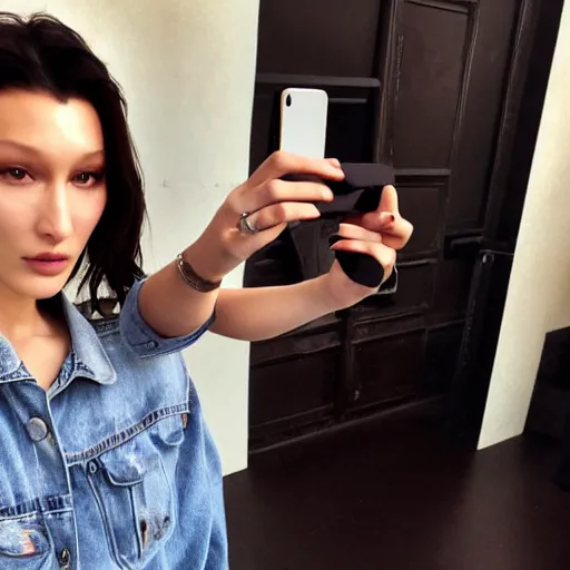 Image similar to bella hadid taking a selfie in seoul, photorealistic, dynamic light, ultra detailed