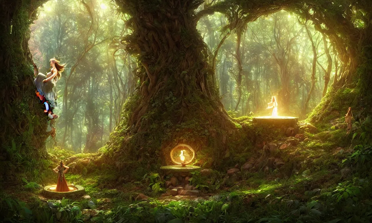 Image similar to Fantasy Magical fairy-tale portal in the forest. Round stone portal teleport in trees to other worlds. Fantastic landscape. Magic Altar in the fores, highly detailed, digital painting, artstation, concept art, smooth, sharp focus, illustration, art by artgerm and greg rutkowski and alphonse mucha