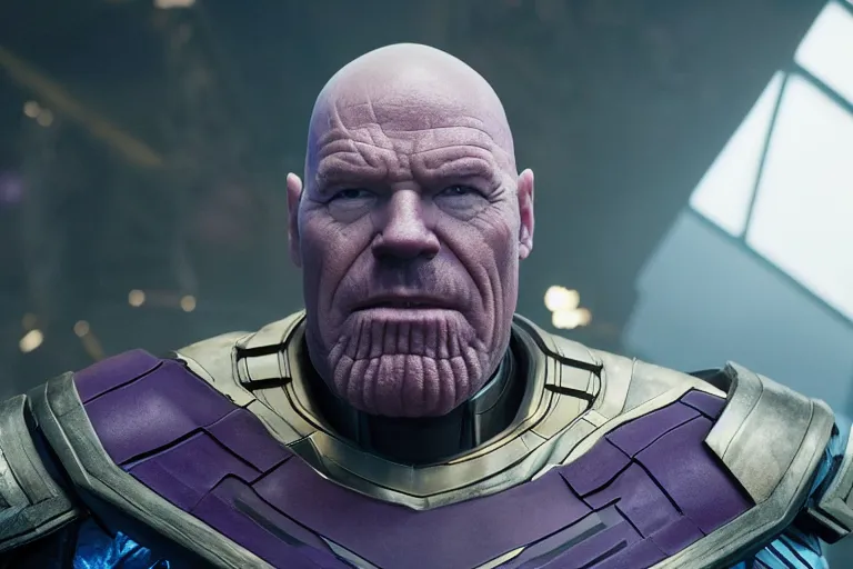 Prompt: promotional image of bald Bryan Cranston as Thanos in Avengers: Endgame (2019), purple skin color, movie still frame, promotional image, imax 70 mm footage