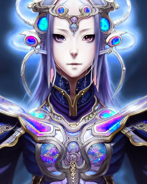 Image similar to anime portrait of an iridescent opal cyborg kunoichi, intricate ornate details, fantasy, elegant, highly detailed, digital painting, artstation, concept art, smooth, sharp focus, illustration, artbook, splash art, promo art, soul calibur, league of legends, art by artgerm and greg rutkowski and bo chen and jin xiaodi