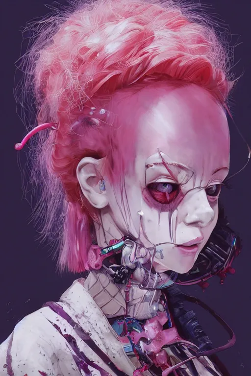 Prompt: by kyoto animation, very creepy clown girl pink hair, wearing cyberpunk intricate streetwear, beautiful, detailed portrait, intricate complexity, ilya kuvshinov, cell shaded, 4 k, concept art, by wlop, ilya kuvshinov, artgerm, krenz cushart, greg rutkowski, sharp focus, volumetric lighting, cinematic lighting, studio quality