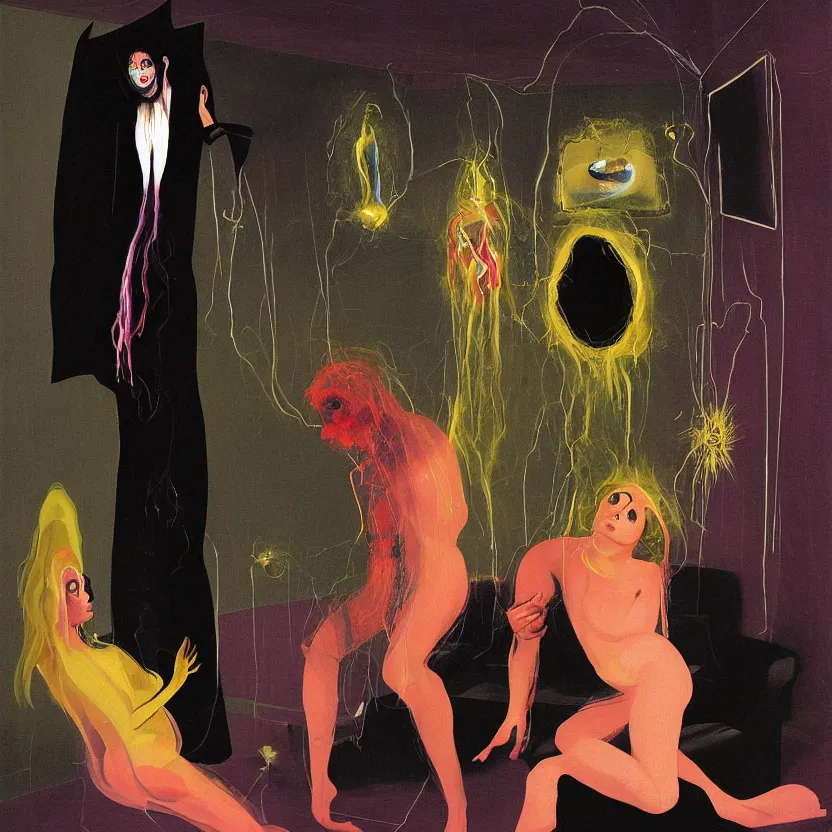 Image similar to One man and one woman attached by love in a living room of a house, floating dark energy surrounds the middle of the room. There is one living room plant to the side of the room, surrounded by a background of dark cyber mystic alchemical transmutation heavenless realm, cover artwork by francis bacon and Jenny seville, midnight hour, part by adrian ghenie, part by jeffrey smith, part by josan gonzales, part by norman rockwell, part by phil hale, part by kim dorland, palette knife texture, smudged paint, muted cold colors, artstation, highly detailed