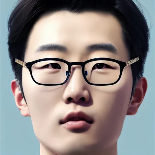 Prompt: a beautiful korean man wearing glasses, realistic, 8 k, extremely detailed, cgi, trending on artstation, hyper - realistic render, 4 k hd wallpaper, premium prints available, by greg rutkowski