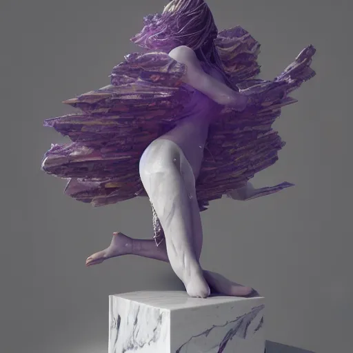 Image similar to abstract female sculpture made of white marble and amethyst crystals quartz, ethereal lights, fine details, artstation, film still, cinematic photoshooting, luxury, strong wind, golden filigree, octane render