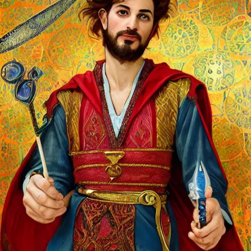 Image similar to charming tailor of middle - eastern descent, dressed in fine colorful robes and jewelry over fantasy armor, goatee, smirking, holding a magic needle, fantasy art by barret frymire by artem priakhin, art by artgerm and greg rutkowski and alphonse mucha, artstation, matte, illustration, intricate, highly - detailed high resolution