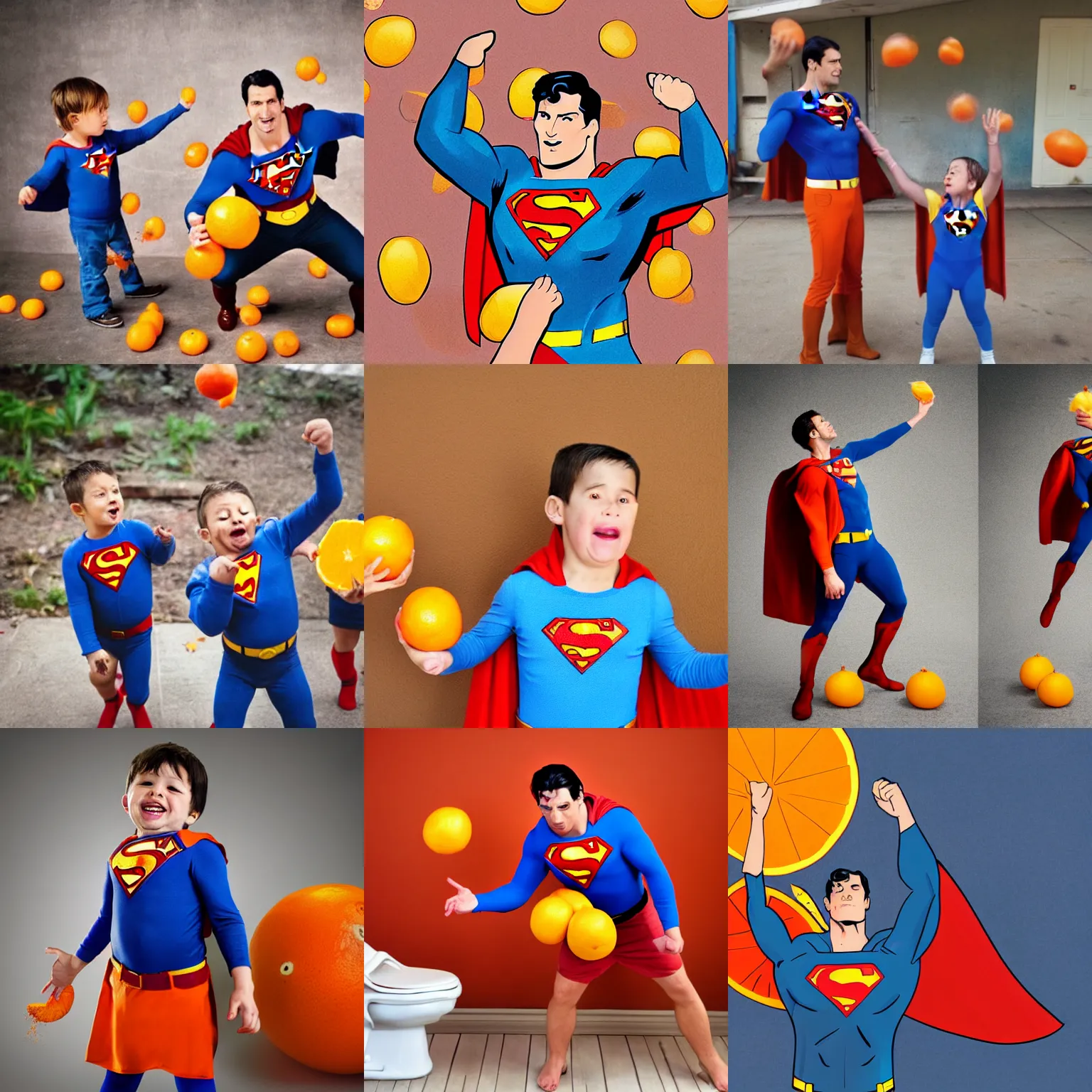 Prompt: superman pose with oranges being thrown at face, toilet babies watching