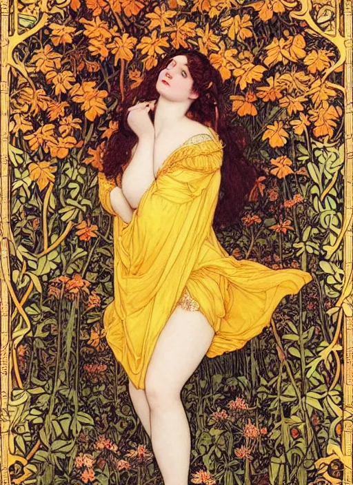 Prompt: masterpiece beautiful seductive sexy curves pose preraphaelite portrait photography, straight bangs, yellow ochre ornate medieval dress, mushroom forest arch, william morris and kilian eng and mucha, framed, 4 k