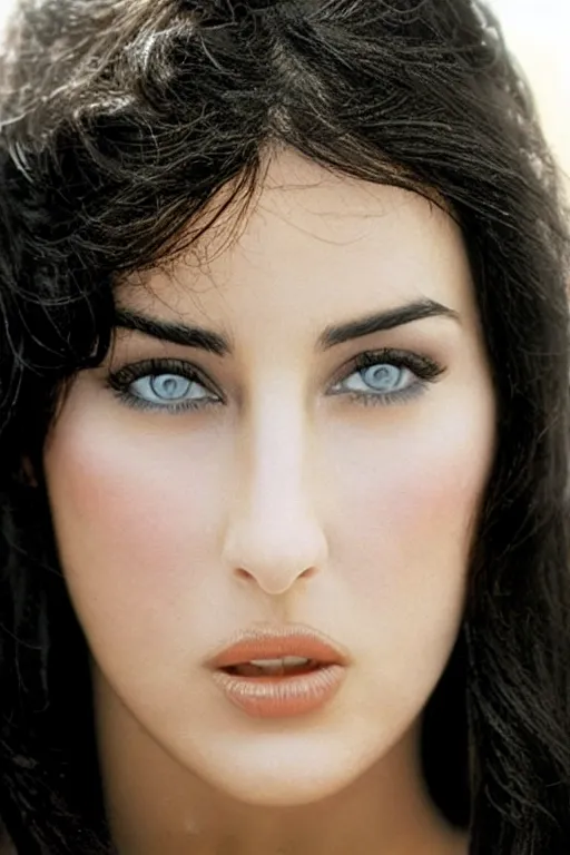 Image similar to young arab Monica Bellucci, blue eyes, long wavy black hair, white veil, closeup, focus face, colored, middle eastern