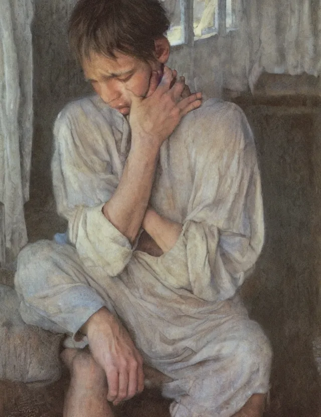 Prompt: peasant boy crying in country house, cottage core, cinematic focus, polaroid photo bleached vintage pastel colors high - key lighting, soft lights, foggy, by steve hanks, by lisa yuskavage, by serov valentin, by tarkovsky, detailed, oil on canvas