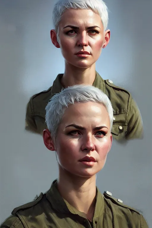 Image similar to portrait of a military engineer woman with short white hair, wearing overalls, medium shot, portrait, concept art, natural lighting, illustration, full color, highly detailed, photorealistic, by greg rutkowski, artstation,