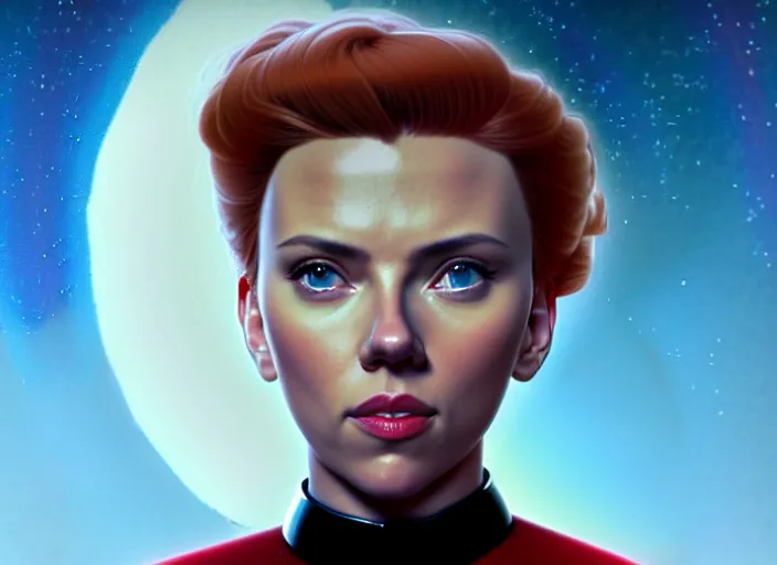 Image similar to a disney film still of scarlett johansson as a star trek officer, finely detailed features, closeup of the face, perfect art, dusk, blue hour, gapmoe yandere grimdark, trending on pixiv fanbox, painted by greg rutkowski, makoto shinkai, takashi takeuchi, alphonse mucha, akihiko yoshida