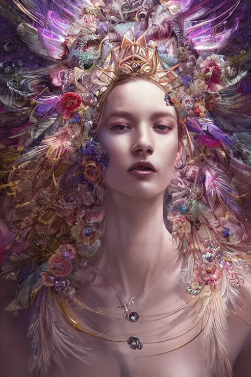 Prompt: beautiful model wearing crystal white feathers, god of psychedelics dancing in a vortex made of flowers, diamonds, angel, fantasy, dramatic lighting, highly detailed, digital painting, holding electricity, magic the gathering, hyper detailed, 3 d render, hyper realistic detailed portrait, peter mohrbacher, wlop, ruan jia