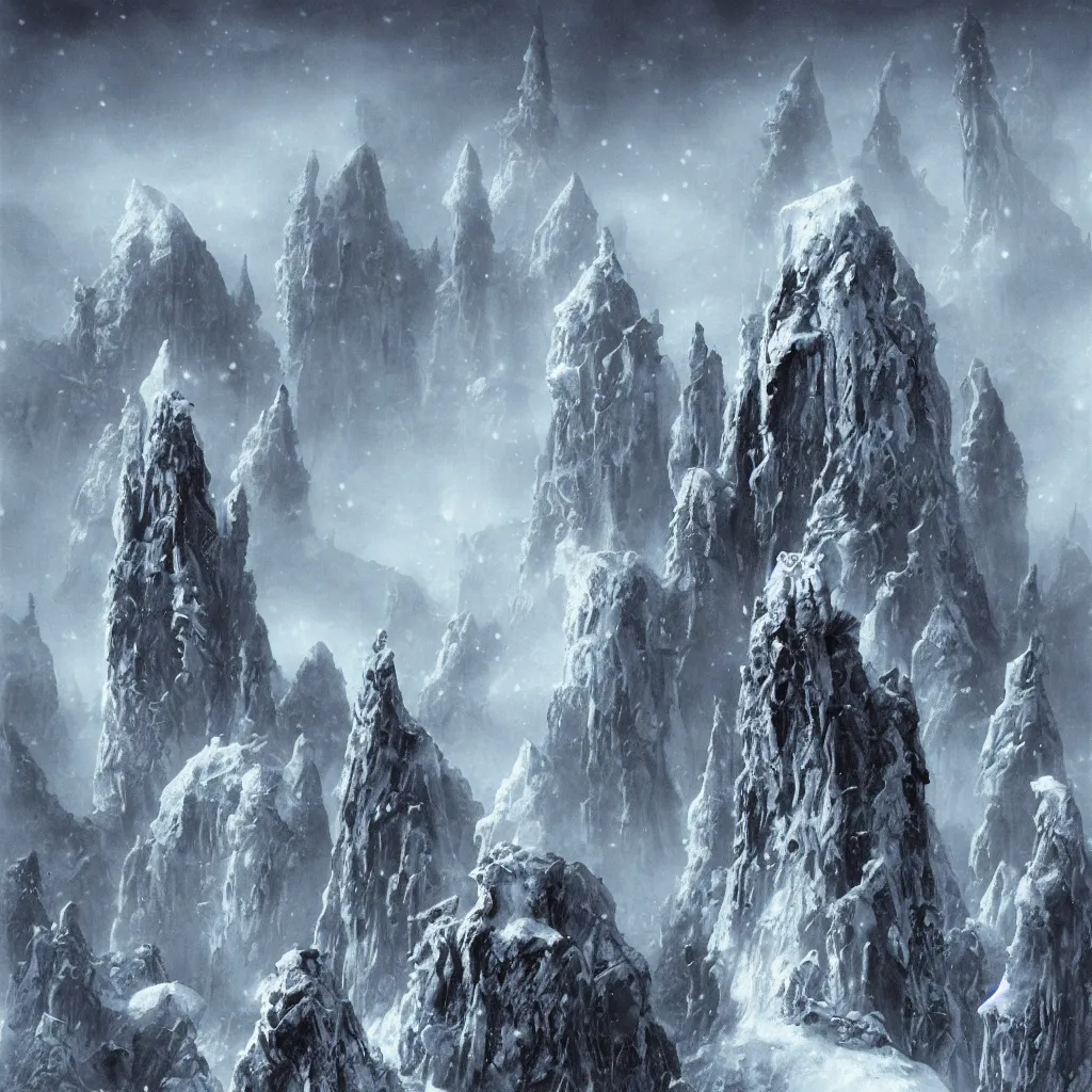 Prompt: deserted frozen stonepunk cityscape of cyclopean towers and cephalopod castles in the mountains of antarctica, upward cinematic angle, by p. craig russell, rodney matthews, frank frazetta and michael kaluta, fantasy art, snowy atmosphere, heavy winter aesthetics, stunning composition, alien faces, monstrous behemoth statues of animal gods, intricate, strange, elegant, digital art, hyperdetailed, colorful hyperrealism, brilliant photorealism, masterpiece, 8k