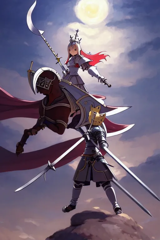 Image similar to a full body of the female knight with a cat on her head with gigantic sword, finely detailed features, closeup at the faces, perfect art, gapmoe yandere grimdark, trending on pixiv fanbox, painted by miura kentaro greg rutkowski makoto shinkai takashi takeuchi studio ghibli, akihiko yoshida