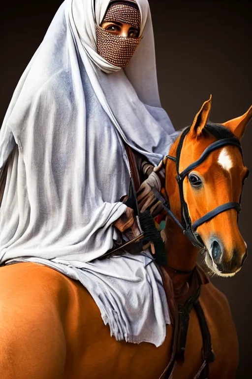 Prompt: hyperrealistic portrait from middle eastern burqa woman riding horse, with riffle in her chest, super highly detail, accurate boroque, without duplication content, white border frame, medium close up shot, justify content center, symmetrical, incrinate, cinematic, dust, award winning photos, vogue, shadow effect, luminate, sharp focus,