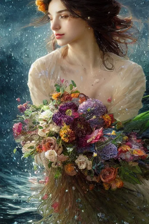 Prompt: portrait of a beautiful mysterious woman holding a bouquet of flowing flowers, drenched clothing, wet dripping long hair, hands hidden under the bouquet, emerging from the water, fantasy, regal, intricate, by stanley artgerm lau, greg rutkowski, thomas kindkade, alphonse mucha, loish, norman rockwell