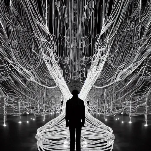 Image similar to nervous system made of wires and alien technology in a white room with glowing leds, hyper detailed, surreal concept art, apocalyptic, realistic, alive, industrial, tech, black and white photo on film, grain, cyborg, futuristic, humanoid, dream,