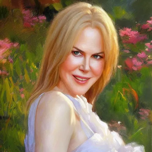 Prompt: closeup portrait of nicole kidman in the garden, evening, highly detailed, ultrarealistic oil painting, vladimir volegov, artstation