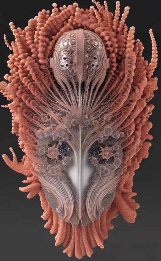 Prompt: intricate gothic porcelain mask, eagle coral, jelly fish, feathers, mandelbulb 3 d, fractal flame, octane render, cyborg, biomechanical, futuristic, by ernst haeckel