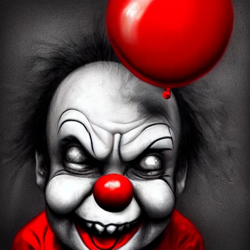 Image similar to surrealism grunge cartoon portrait sketch of clown with a wide smile and a red balloon by - michael karcz, loony toons style, chucky style, horror theme, detailed, elegant, intricate