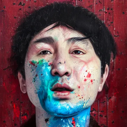 Image similar to photorealistic face portrait of chinese uyghur muslim prisoner, lots of spilled paint, wearing victorian rags, elite, disfigured, drooling, moist, unnatural movement, they are unhappy, bizzaro, baroque, renaissance, by emedios varo and anato finnstark and fenghua zhong, hyperrealism, 8 k, 3 d, masterpiece, texture