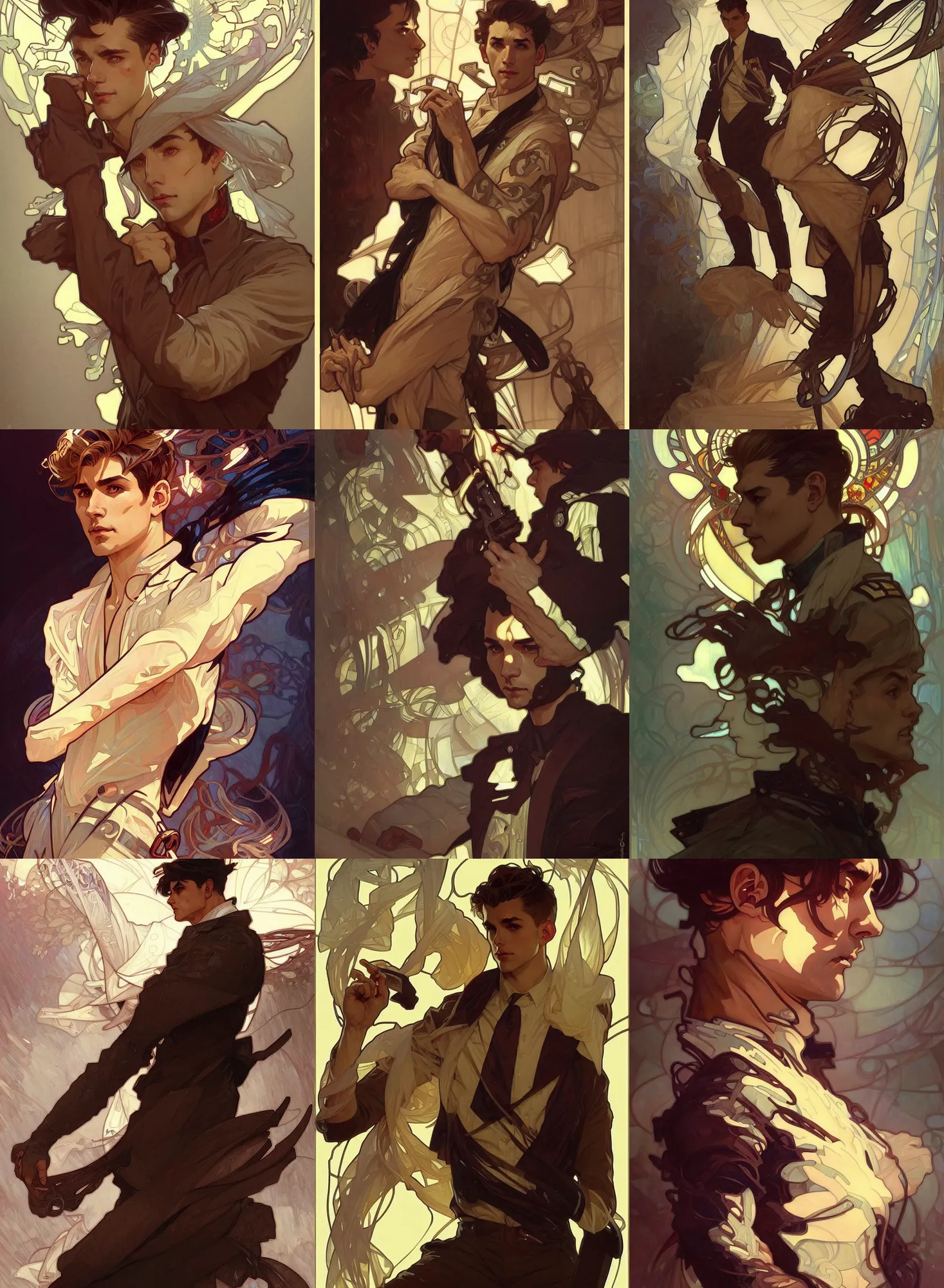 Image similar to deco art by artgerm and greg rutkowski and alphonse mucha. clear portrait of a lonely attractive men in uniform!! hyper detailed, character concept, full body!! dynamic pose, glowing lights!! intricate, elegant, highly detailed, digital painting, artstation, concept art, smooth, sharp focus, illustration
