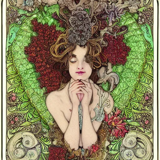 Image similar to a beautiful detailed front view portrait of a rotten woman corpse with fractal plants and fractal flowers and mushrooms growing around, symmetrical, ornate, ornamentation, illustration, in the style of art nouveau, mucha