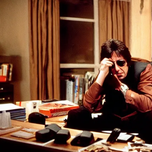 Prompt: al pacino as scarface playing video games at his desk, with a mountain of cocaine nearby