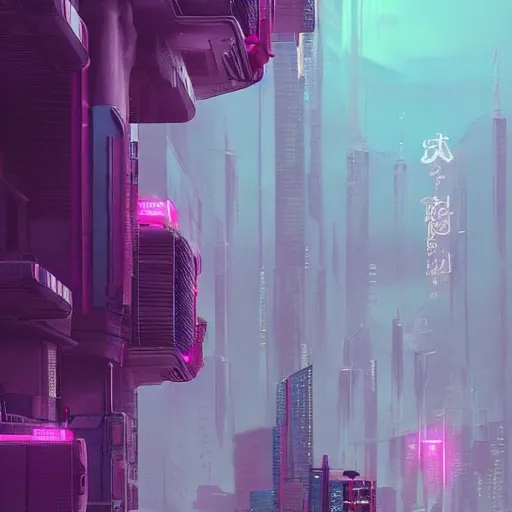 Image similar to beautiful japanese cyberpunk futuristic landscape painting, teal and pink, matte painting, depth of field, by tuomas korpi, trending on artstation
