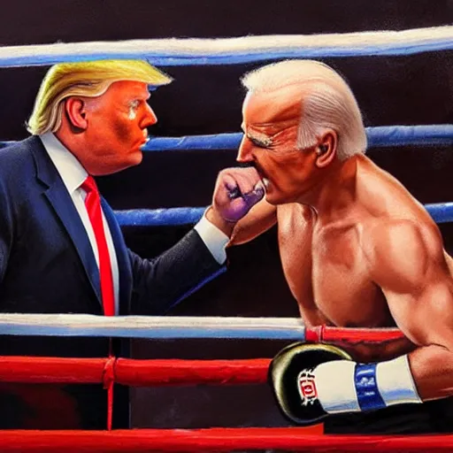 Prompt: donald trump and joe biden facing off in a boxing ring, by jon mcnaughton