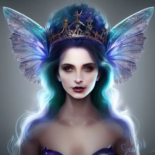 Prompt: detailed portrait of a dark fairy queen, crown, nebula wings, smiling, realism, pale blue, emerald, galaxy, sapphire,dark purple crown,leaves, moonlit, dark fantasy, dramatic lighting, cgsociety, artstation