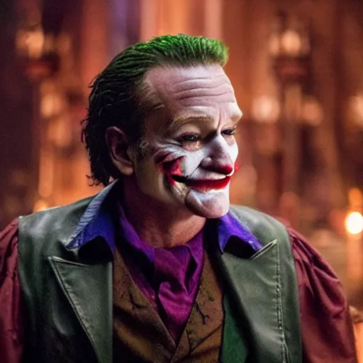 Image similar to stunning awe inspiring ( robin williams ) as the joker 8 k hdr movie still atmospheric lighting