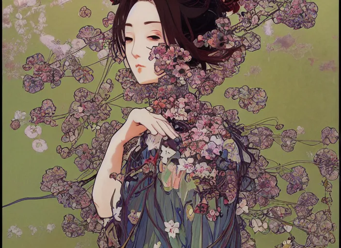 Image similar to oil painting, long shot, beautiful floralpunk japanese bio mechanical female illustration detailed patterns art of japan traditional dress, flower pop art, floral splash painting, art by ashley wood, alphonse mucha, makoto shinkai, geof darrow, dark shadow