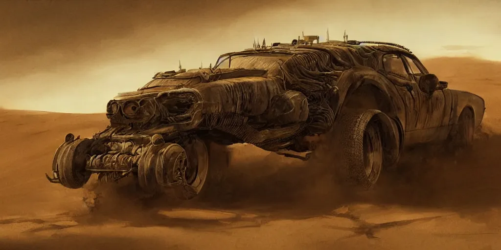 Image similar to an environmental concept art from mad max fury road, single muscle car speeding through the desert, highly detailed, cinematic, dramatic lighting by francis tneh